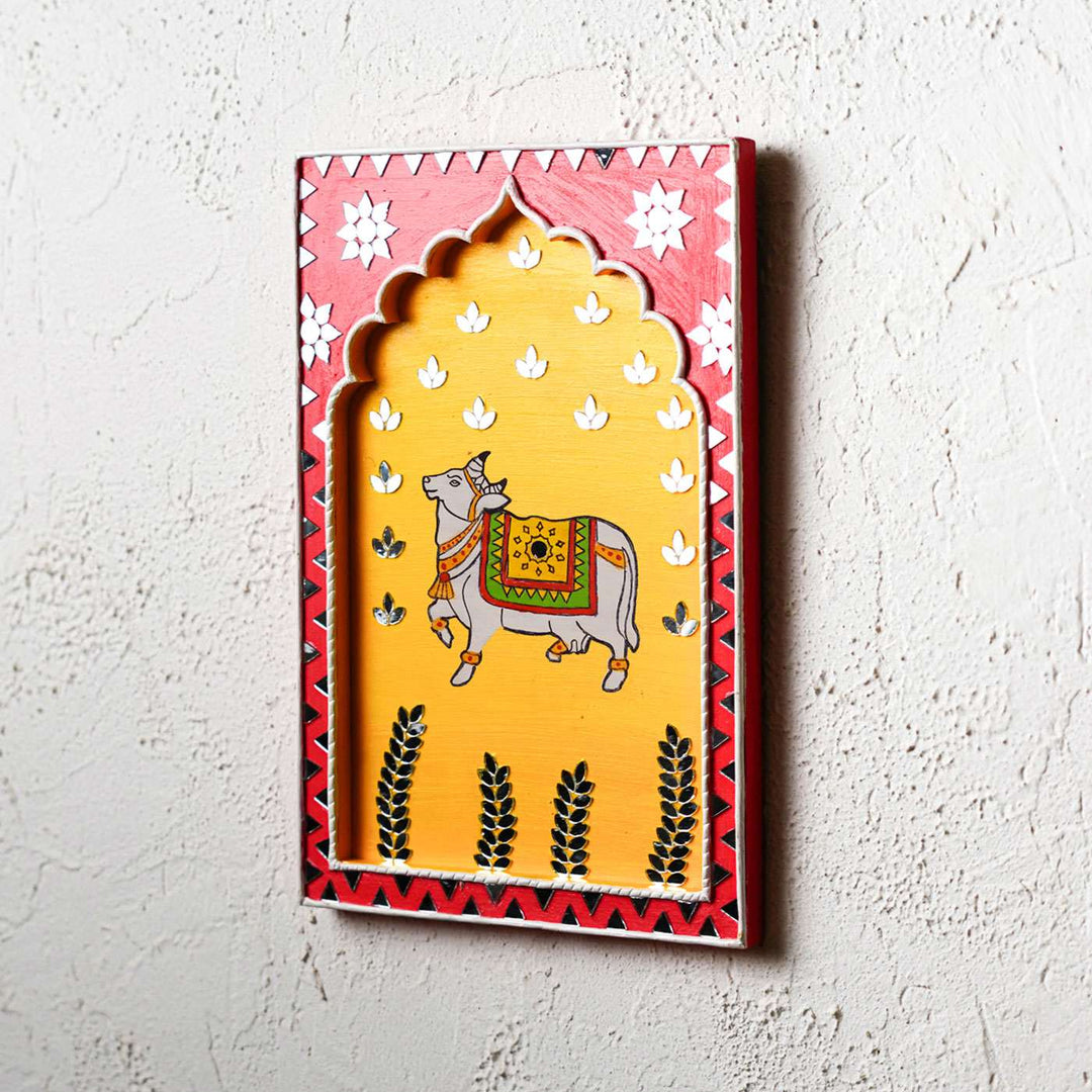 Handcrafted Pink & Yellow Frame - Cow Traditional Lippan Art Jharokha Wall Art
