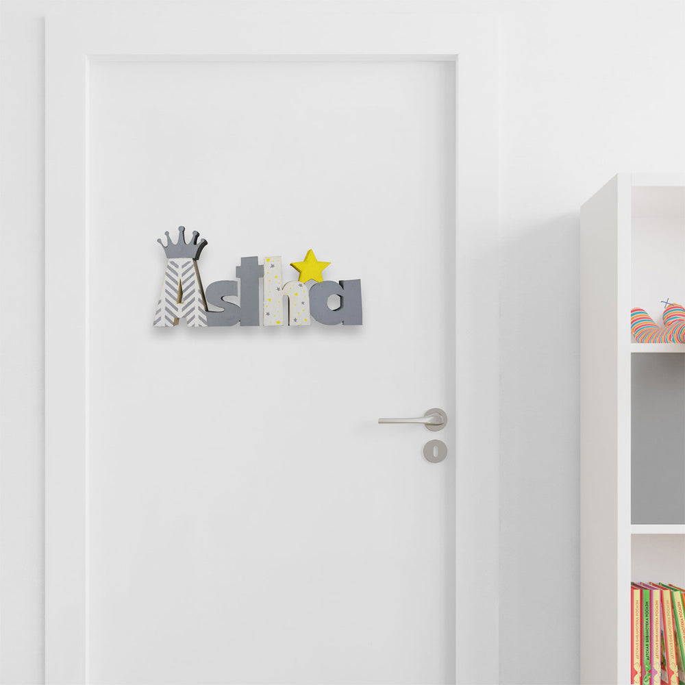 Crown And Star Kids Name Plate - Mounted on Door Front Center