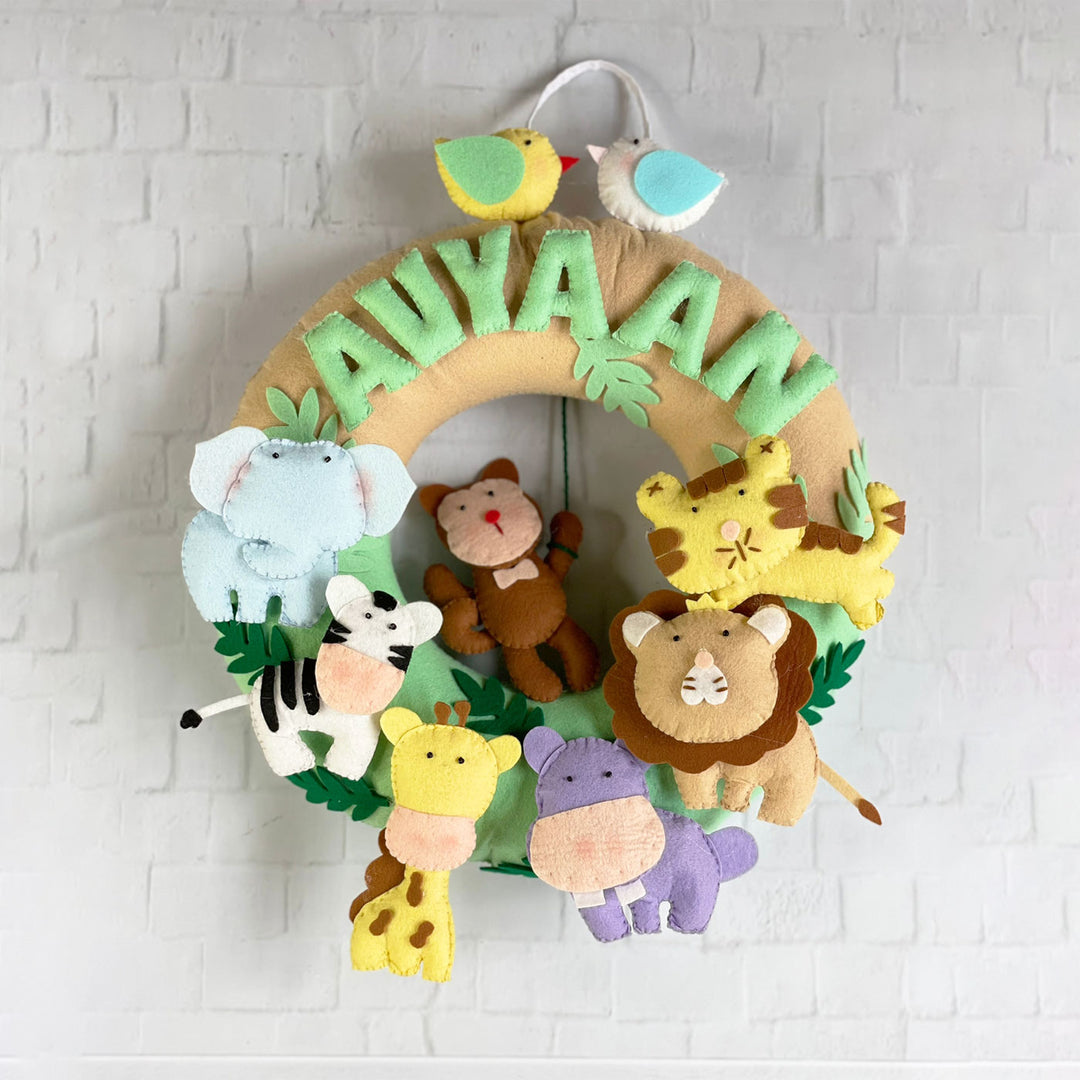Personalized Felt Jungle Theme Kids Name Plate 3 - Front View Hanging with Handle
