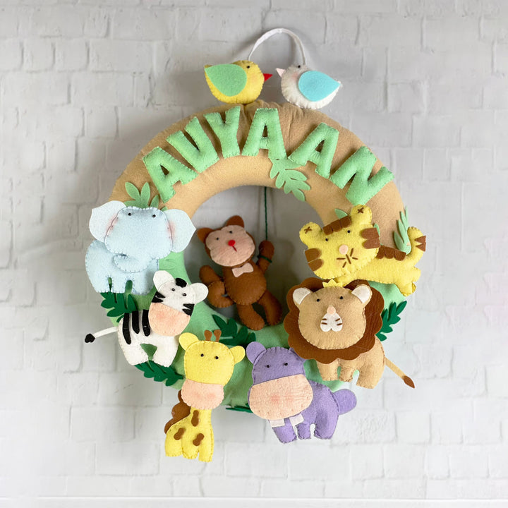 Personalized Felt Jungle Theme Kids Name Plate 3 - Front View Hanging with Handle