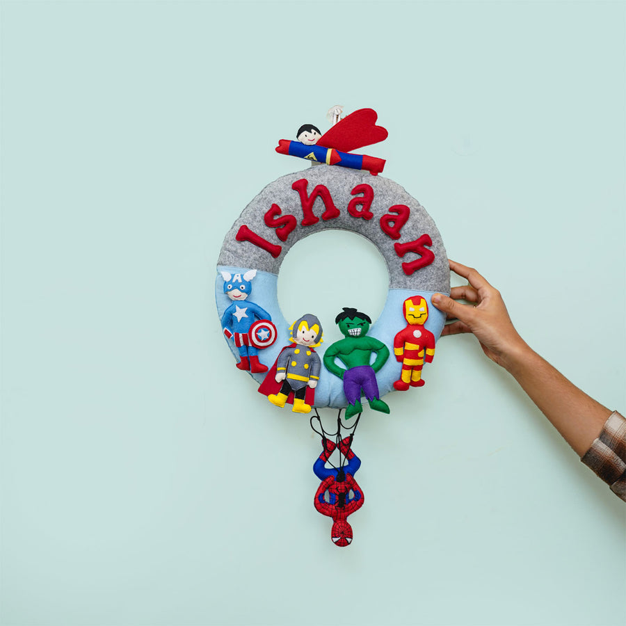 Handmade Personalized Felt Superhero Themed Kids Name Plate 22 - Hanging Wall Name Personalization Example