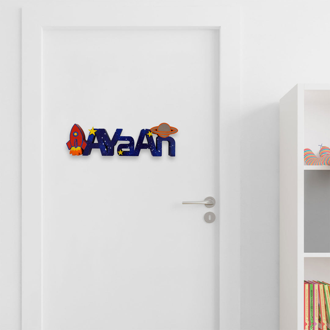 Space Themed Kids Tabletop Freestanding Name Plate - Mounted on Door Front View