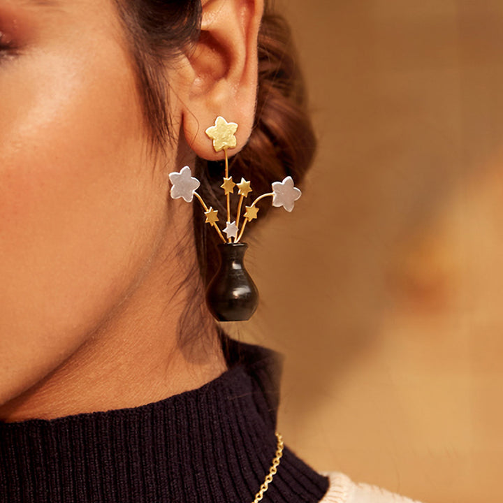 Statement Handmade Flower Pot Brass Earrings | 22K Gold Plated