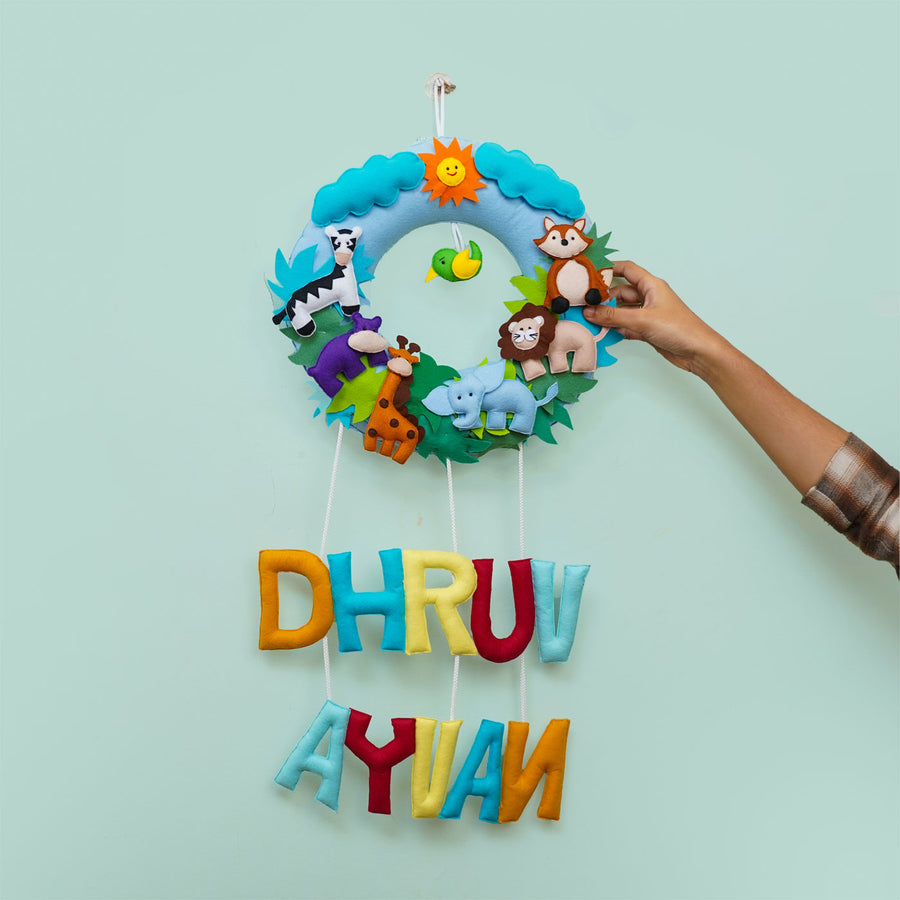Handmade Personalized Felt Jungle Themed Kids Sibling Name Plate 12 - Hanging Name Mobile Front View