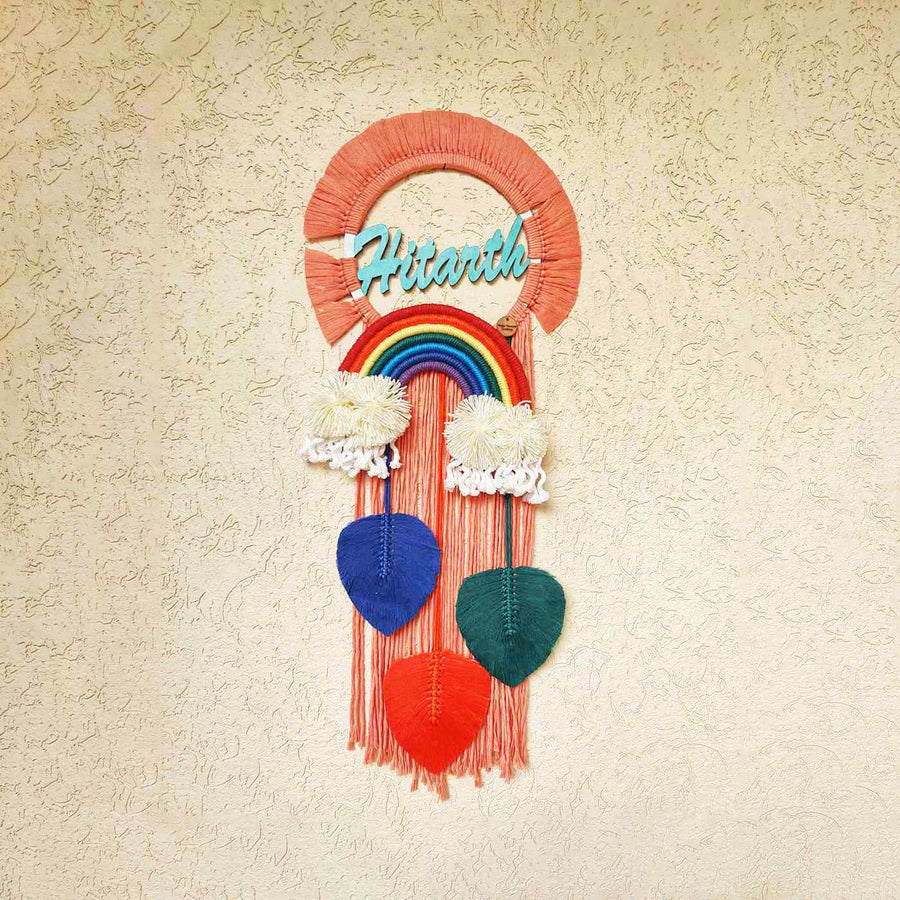 Macrame Cloud Leaf Personalized Kids Name Plate - Hanging on Wall Display