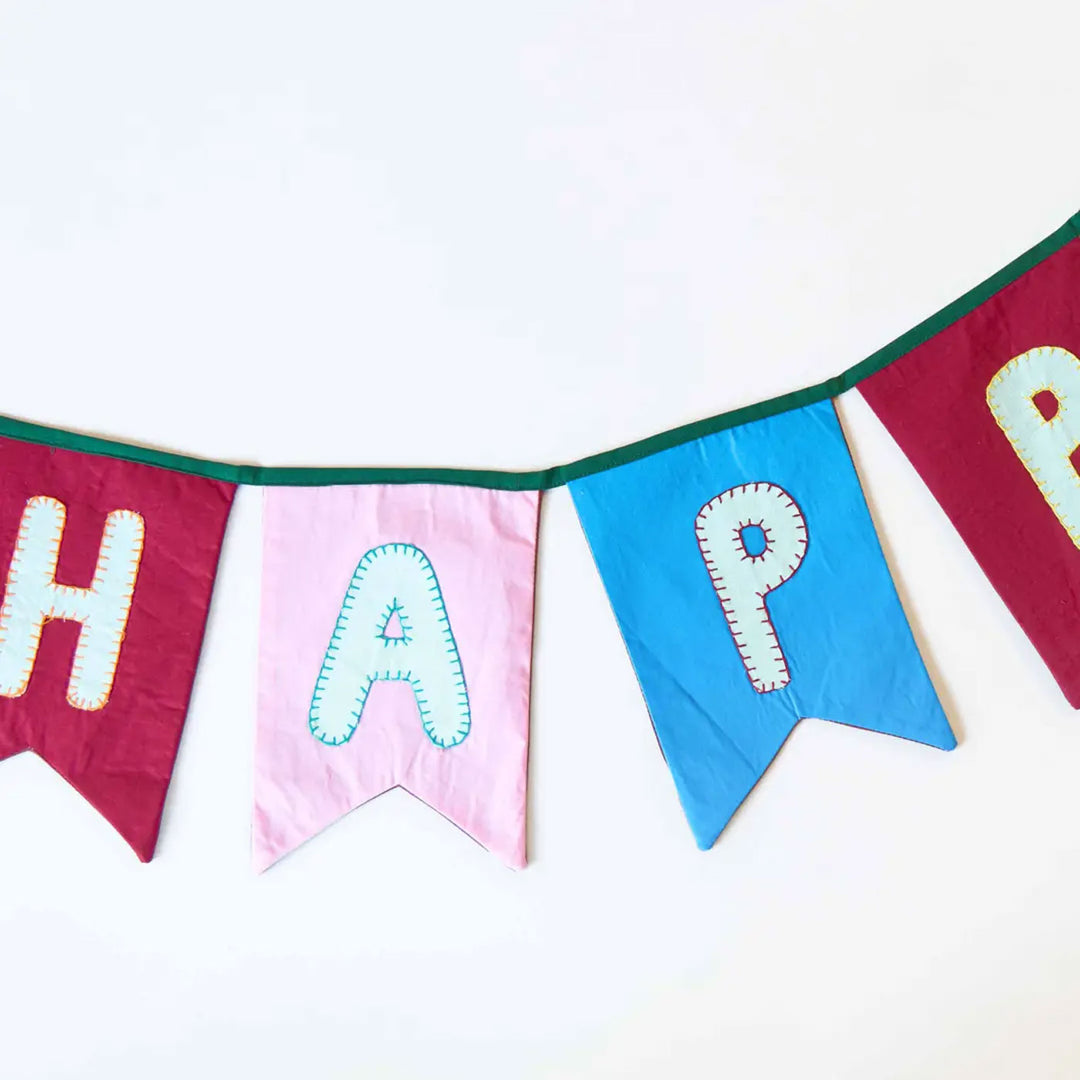 Upcycled Happy Birthday Swallowtail Flag Bunting - Close-up Hanging Banner Letters