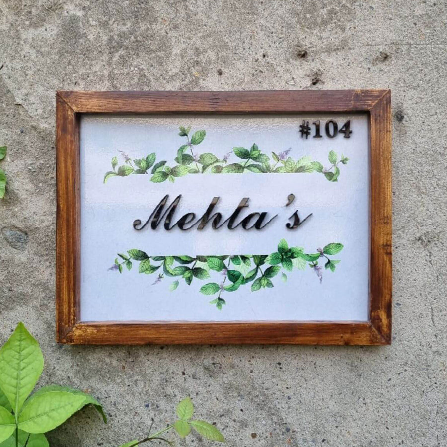 Personalized Leaf Design Printed Name Plate With 3D Letters - Front View Mounted on Wall