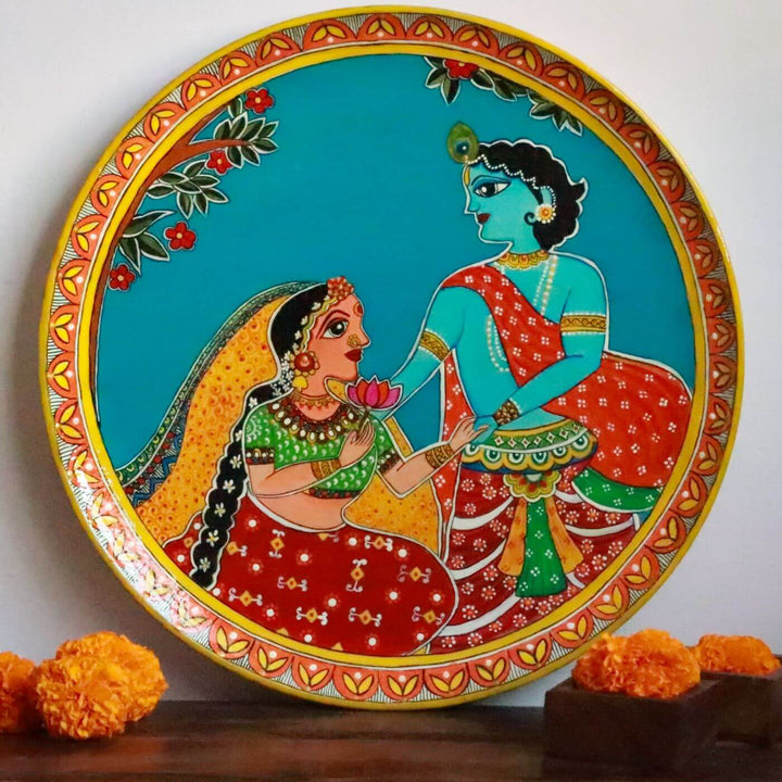 Handpainted Wooden Wall Plate With Radha Krishna Artwork