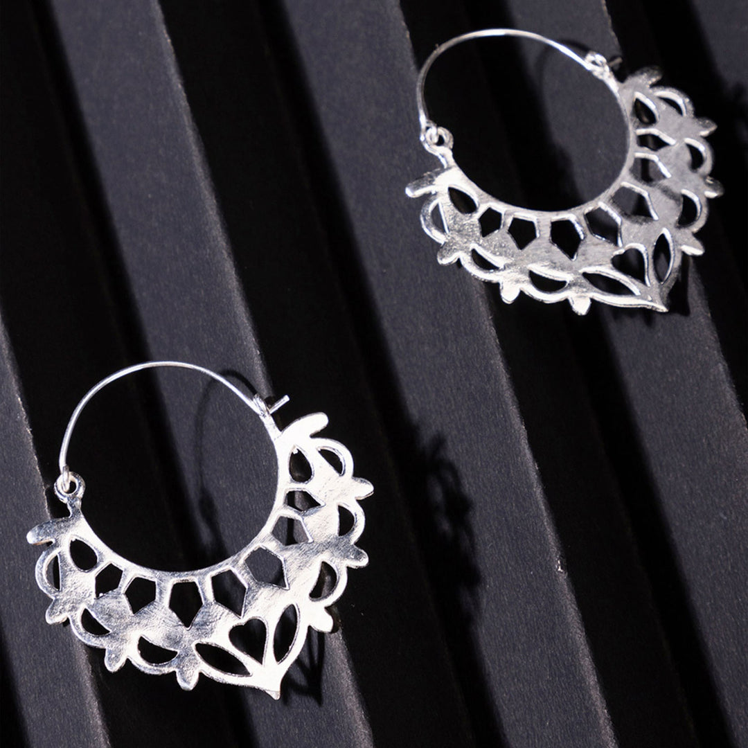Handmade Brass Modern Hoop Earrings - Floral Drop Pattern
