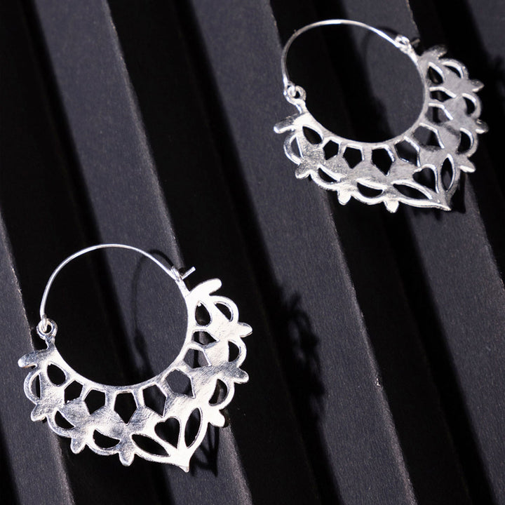 Handmade Brass Modern Hoop Earrings - Floral Drop Pattern