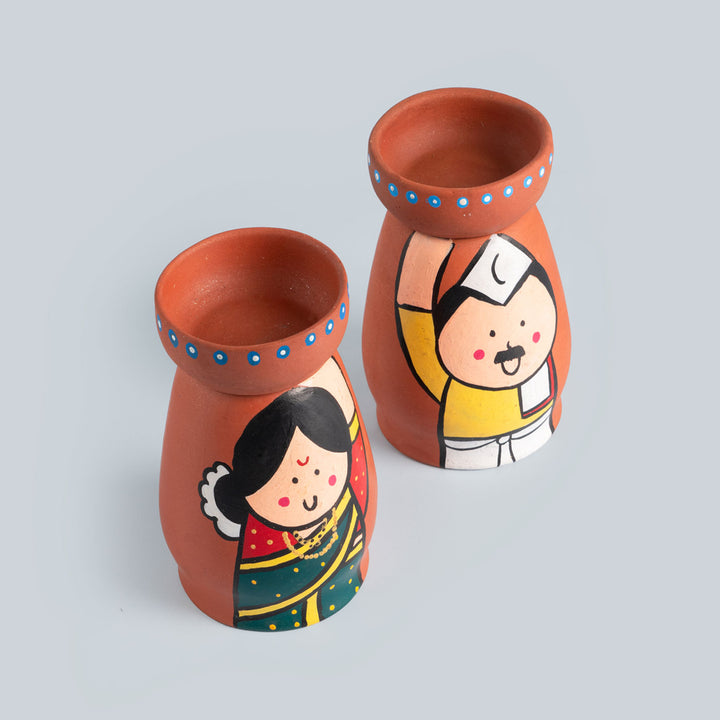 Handpainted Clay Tealight Holders with Marathi Couple | Set of 2