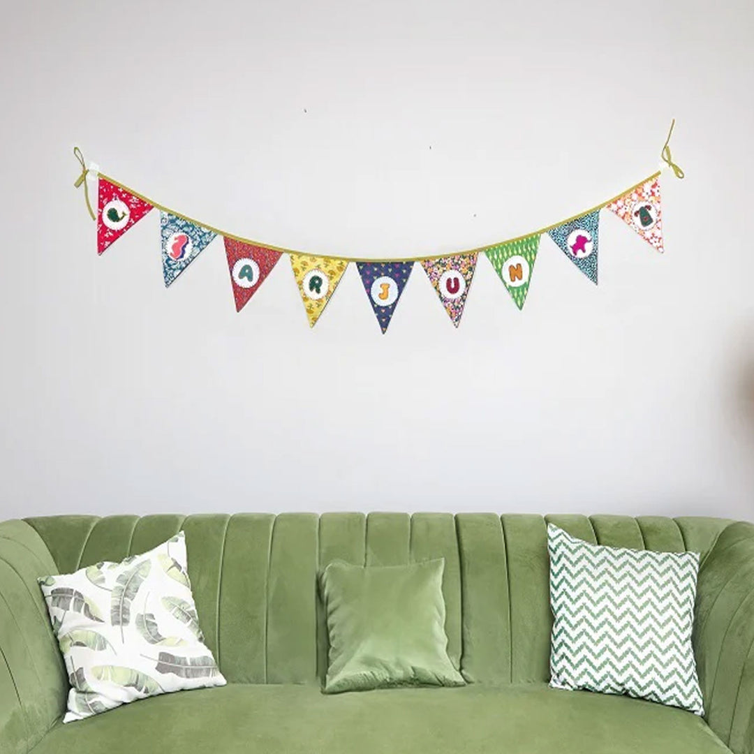 Upcycled Personalized Kids Theme Name Bunting - Hanging Banner on Wall Above Sofa