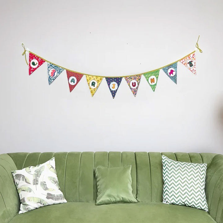 Upcycled Personalized Kids Theme Name Bunting - Hanging Banner on Wall Above Sofa