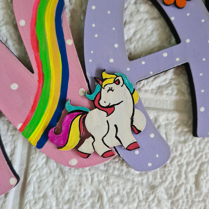 Handcrafted Personalized Unicorn Themed Name Plate For Kids - Personalization Close-up with Unicorn