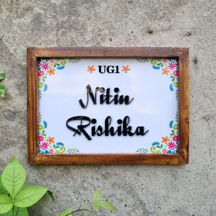 Personalized Mexican Floral Printed Name Plate With 3D Letters - Front View on Floor Background