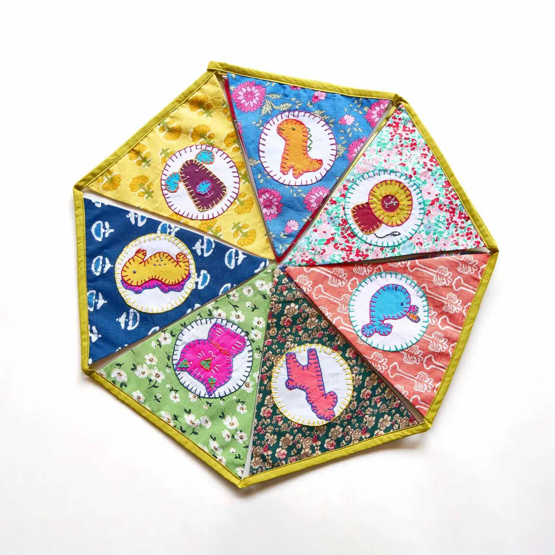 Upcycled Fabric Kids Animal Theme Bunting - Top View Showing Full Pattern