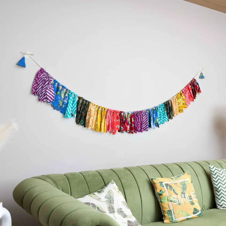Upcycled Fabric Rainbow Fringe Streamer Bunting - Decorative Garland Hanging on Wall