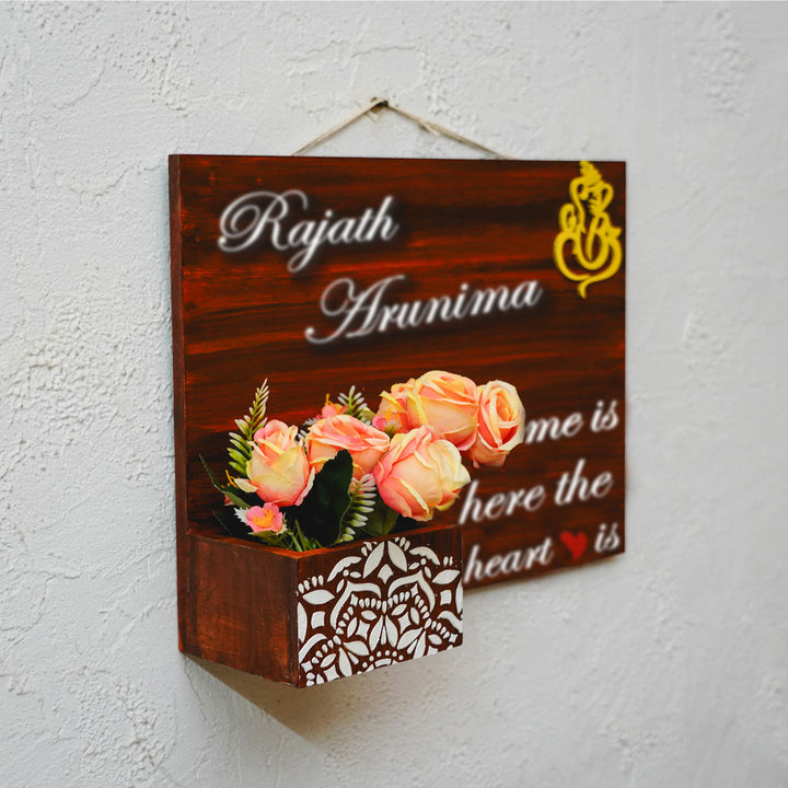 Hand Painted Personalized Wooden Name Plate With Planter 1 - Wall Hanging with Flower Holder