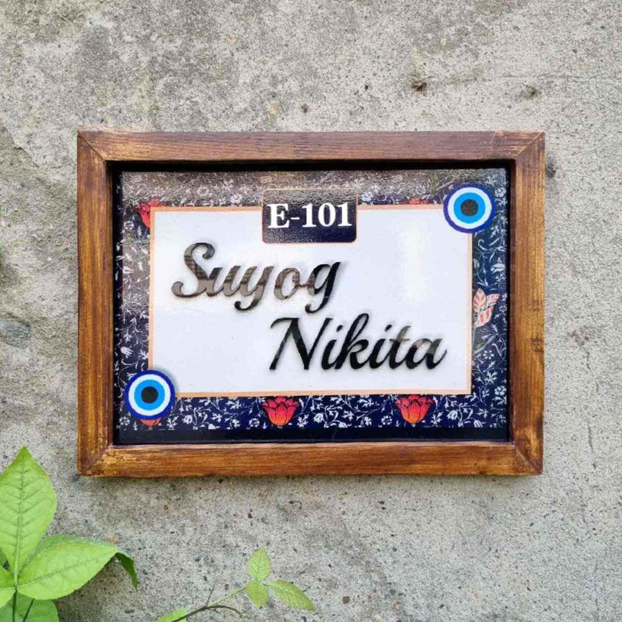 Personalized Evil Eye Design Printed Name Plate With 3D Letters - Front View Mounted on Wall