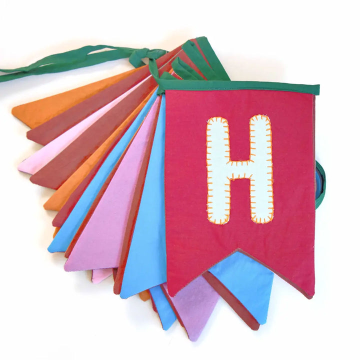Upcycled Happy Birthday Swallowtail Flag Bunting - Front View of Fabric Banners