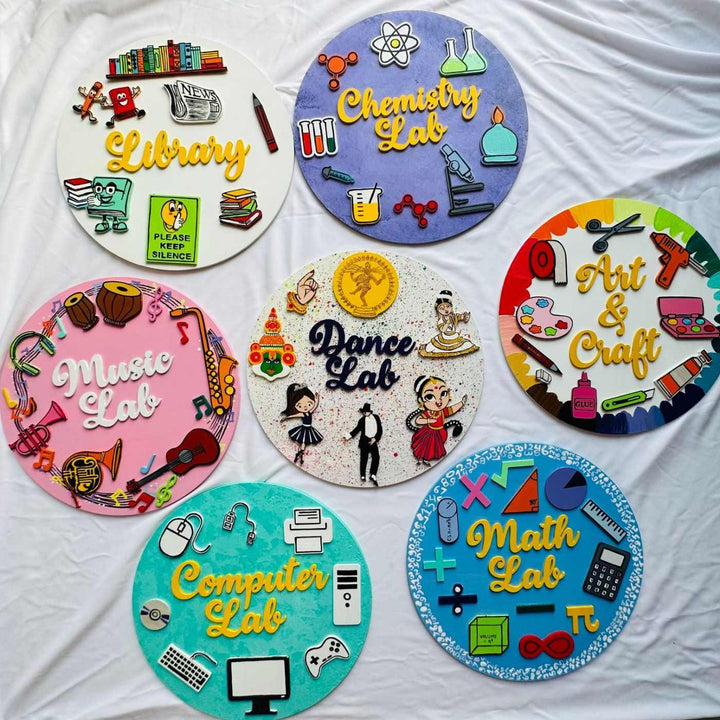 Personalized Kids Fav Subject Mdf Nameplate For Schools Playrooms 2 - Set of round wall signs front view