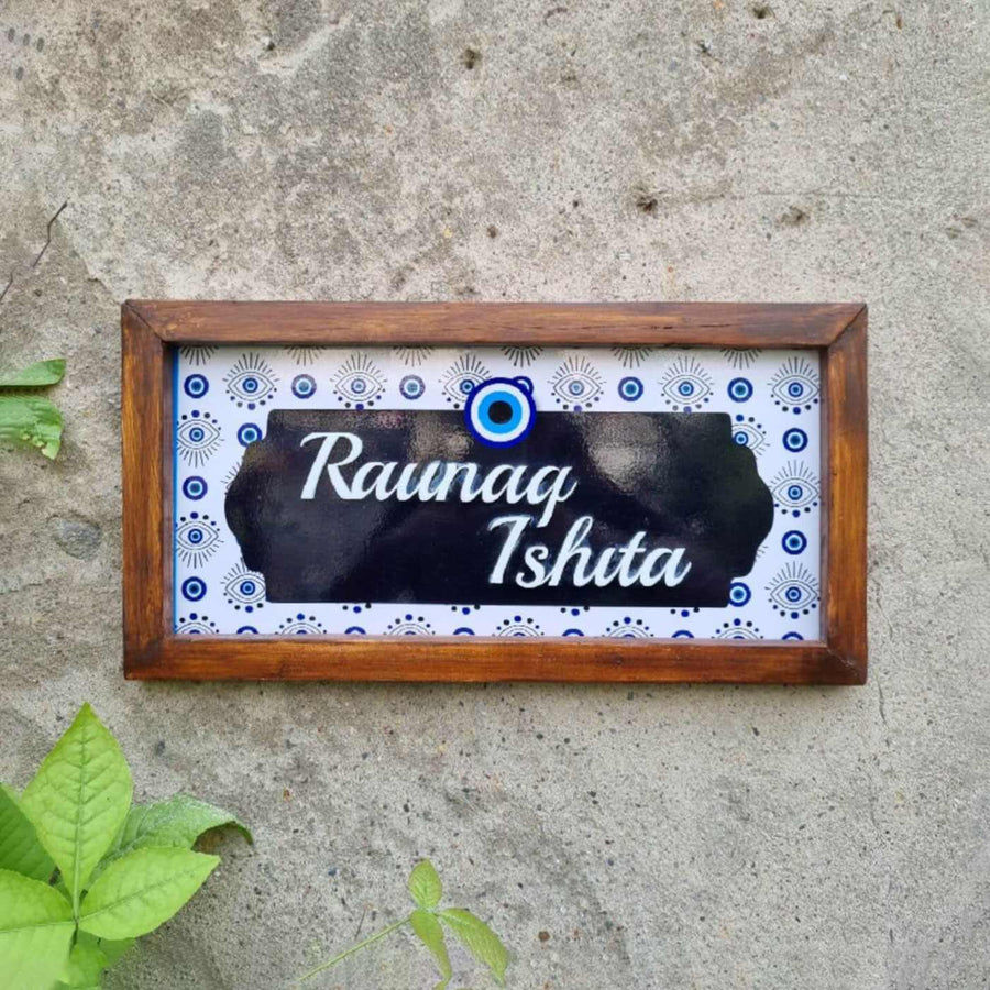 Personalized Evil Eye Printed Name Plate With 3D Letters - Front View Mounted on Wall