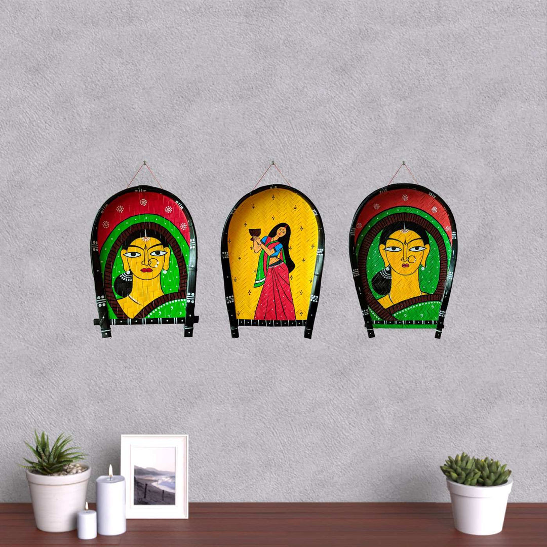 Handpainted Jamini Roy Woman Kulo Bengali Themed Bamboo Wall Decor