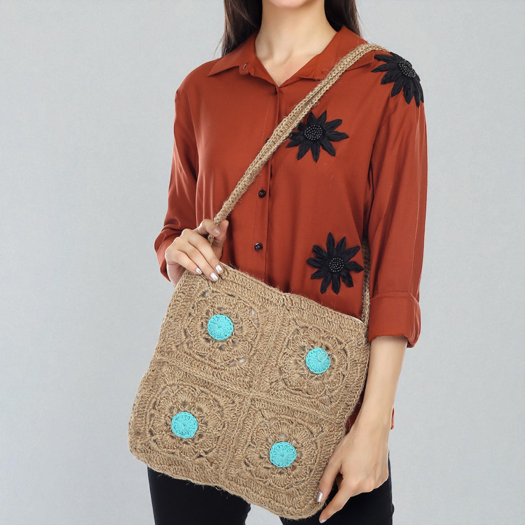 Handmade Crochet Brown & Blue Sling Bag
