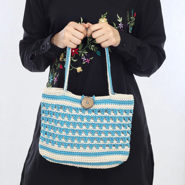 Handmade Crochet Blue & White Striper Bucket Handbag