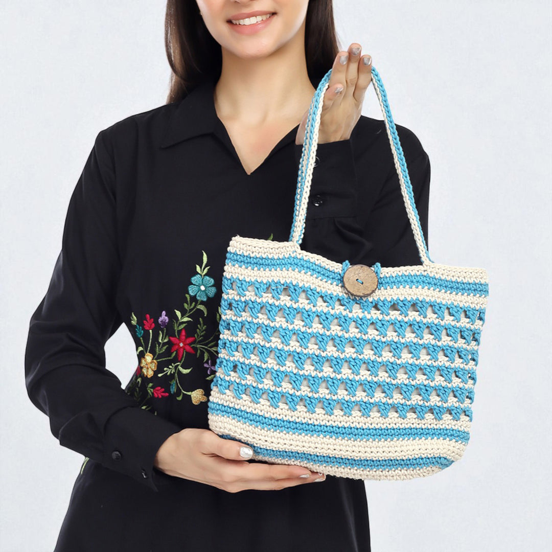 Handmade Crochet Blue & White Striper Bucket Handbag