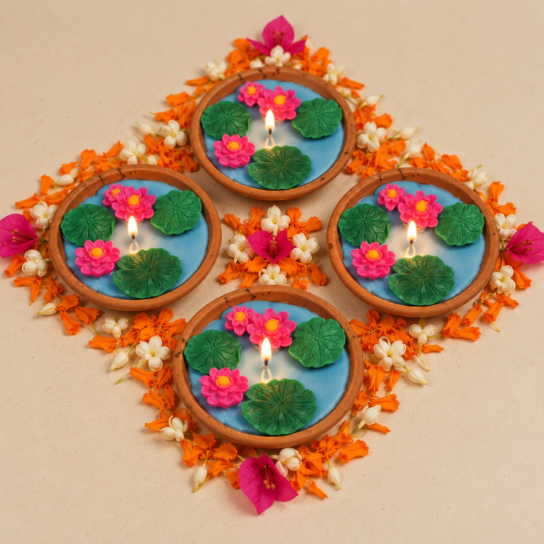 4 Pc | Handmade Lotus Pond Theme Soy Wax Terracotta Urli Diya
