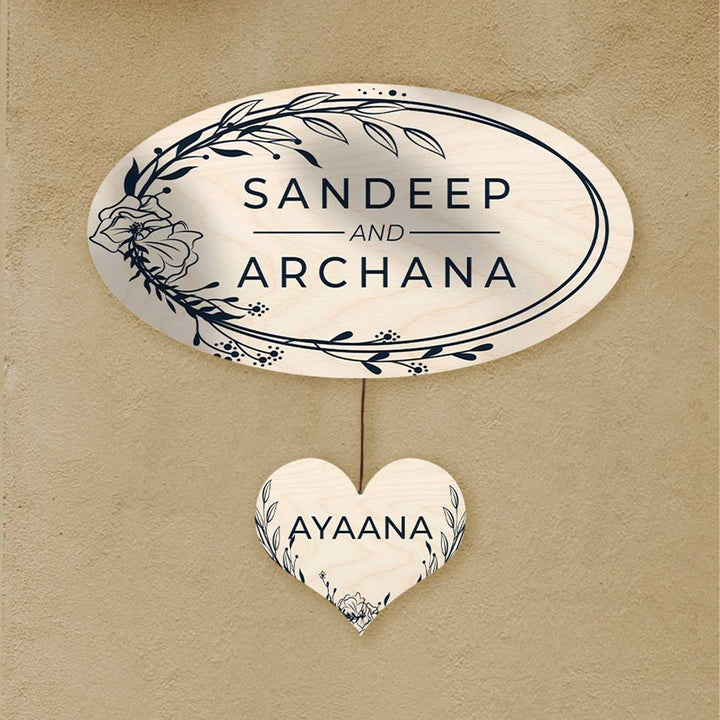 Printed Floral Wooden Oval Nameplate For Couples - Mounted on Wall with Hanging Heart