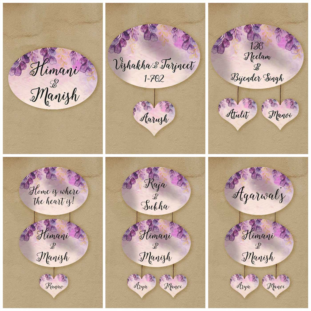 Printed Purple Spring Floral Wooden Oval Nameplate - Multiple Hanging Sign Examples