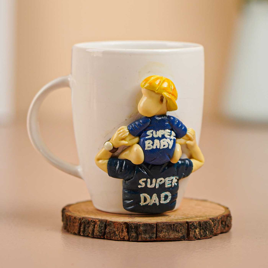 Handmade Polymer Clay Super Dad And Super Baby Theme Ceramic Mug