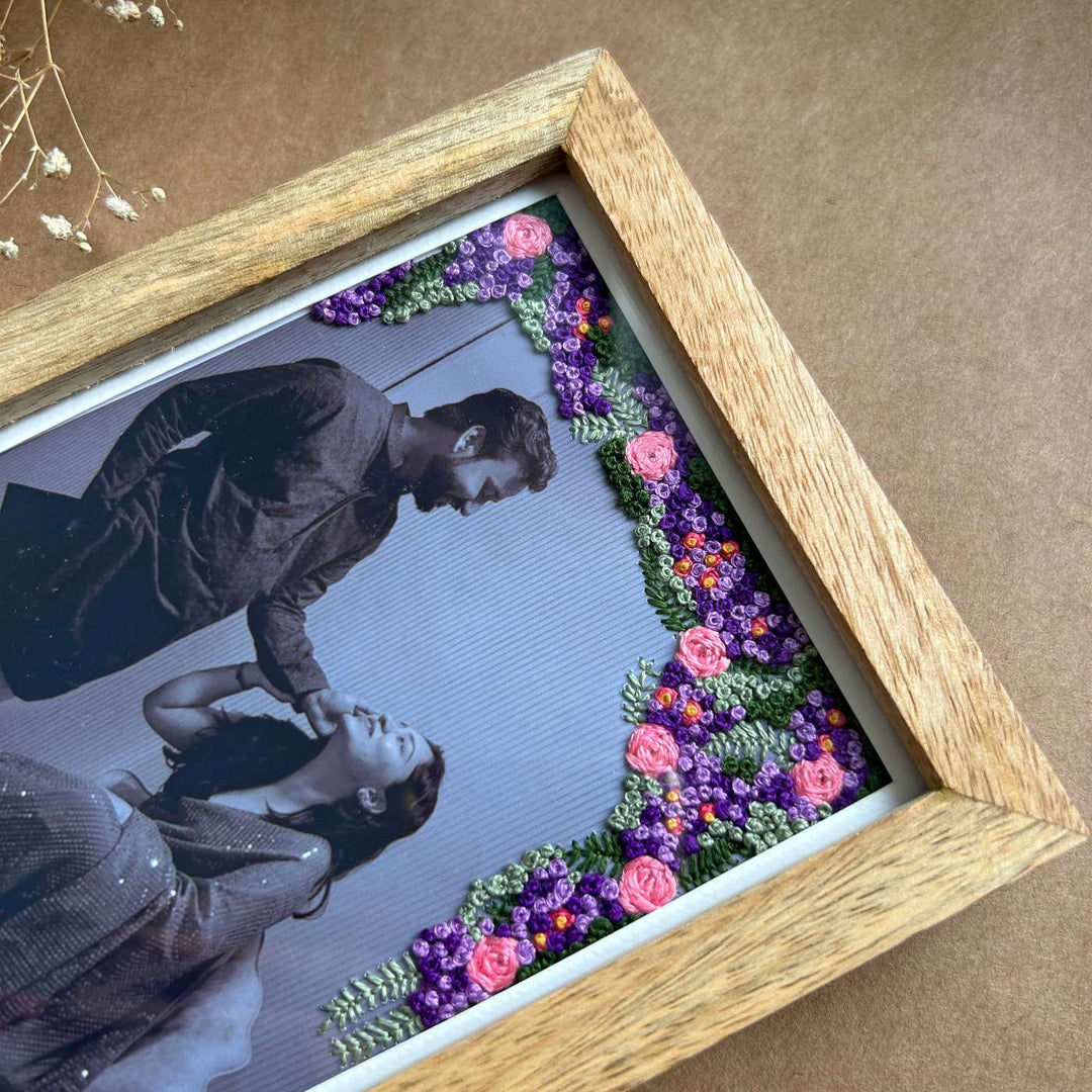Floral Three Side Design Hand Embroidered Photo With Wooden Frame