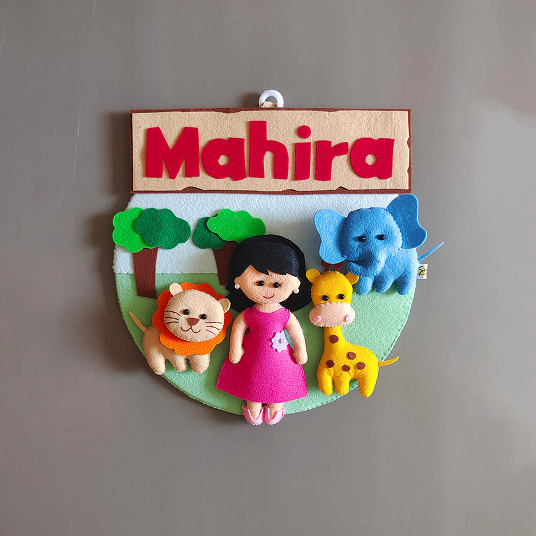 Hand Stitched Animal Themed Felt Kids Name Hanging - Front View Hanging Display