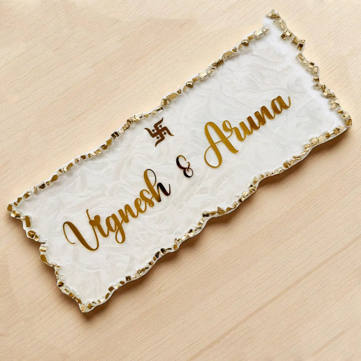 White & Gold Personalized Marble Effect Rectangle Resin Name Plate | With 3D Acrylic Letters & Gold Stone Embellishment