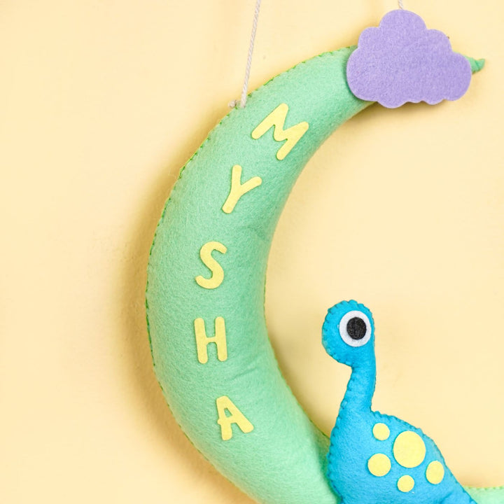 Handmade Dino On The Moon Kids Felt Name Hanging - Hanging Display with Name Personalization