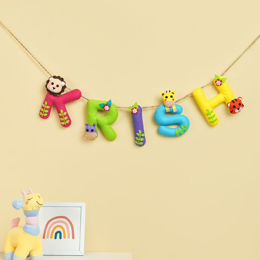Handmade Personalized Felt Kids Bunting Jungle - Front View Hanging on Wall