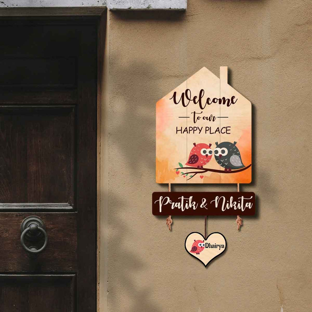 Printed Wooden House Shaped Owl Nameplate For Family With 2 Children - Mounted on Exterior Wall Display