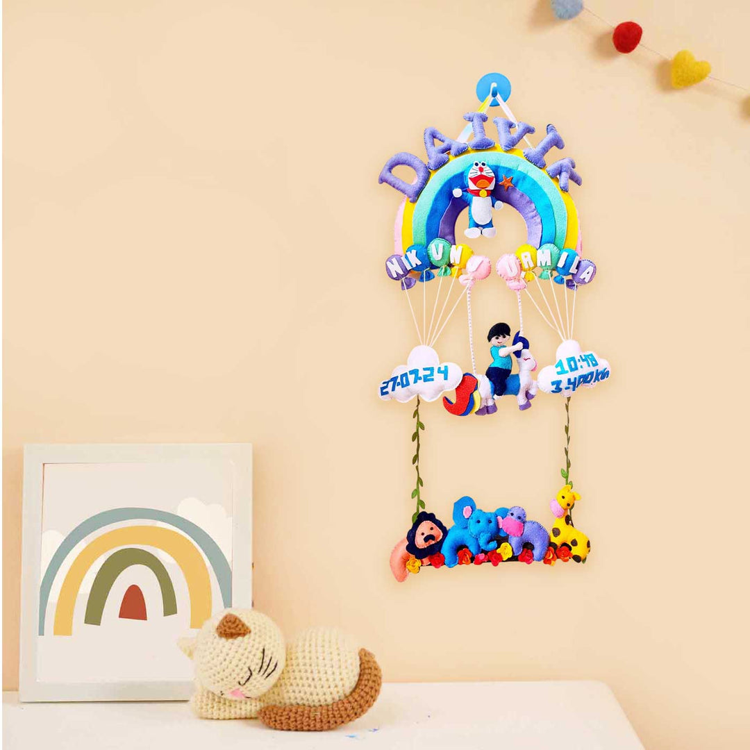 Personalized Pastel Colour Rainbow Felt Kids Name Plate With Birth Details - Hanging Front View with Room Decor