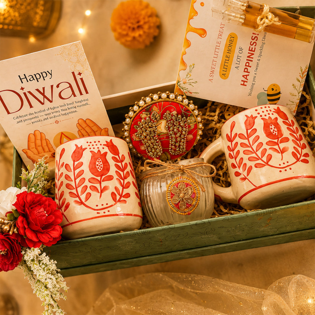 Festive Chai & Glow Green Diwali Gift Hamper With Set Of 2 Mugs And Matka Soy Wax Candle For Festive Gifting
