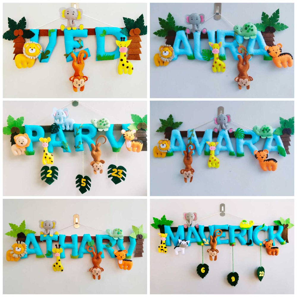 Personalized Blue Jungle Theme Felt Kids Name Plate - Multiple Personalized Name Examples Hanging