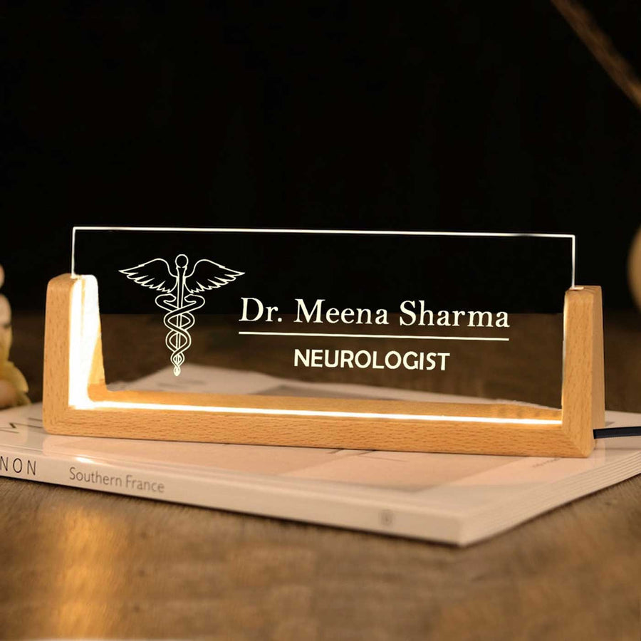 Personalized Doctor Sleek Glass Desk Nameplate With Led Light - Front View on Wooden Stand