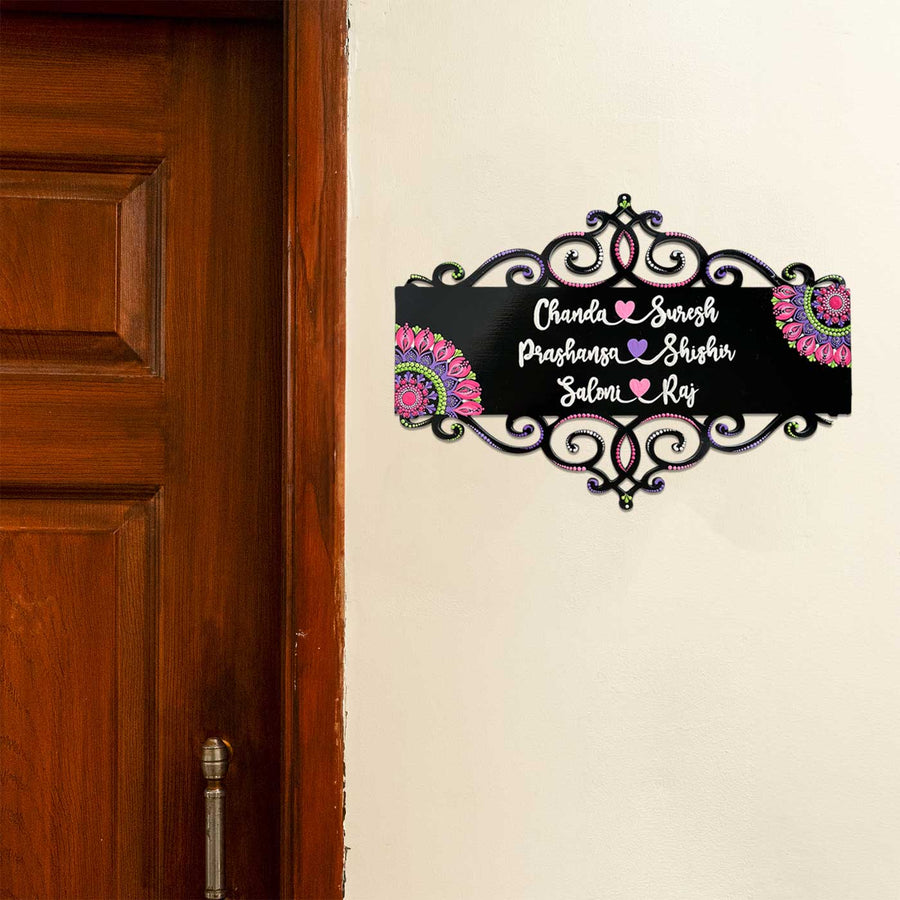 Personalized Handmade Rectangular Cutwork With Dot Art Mdf Wood Name Plate - Mounted on Wall Near Door