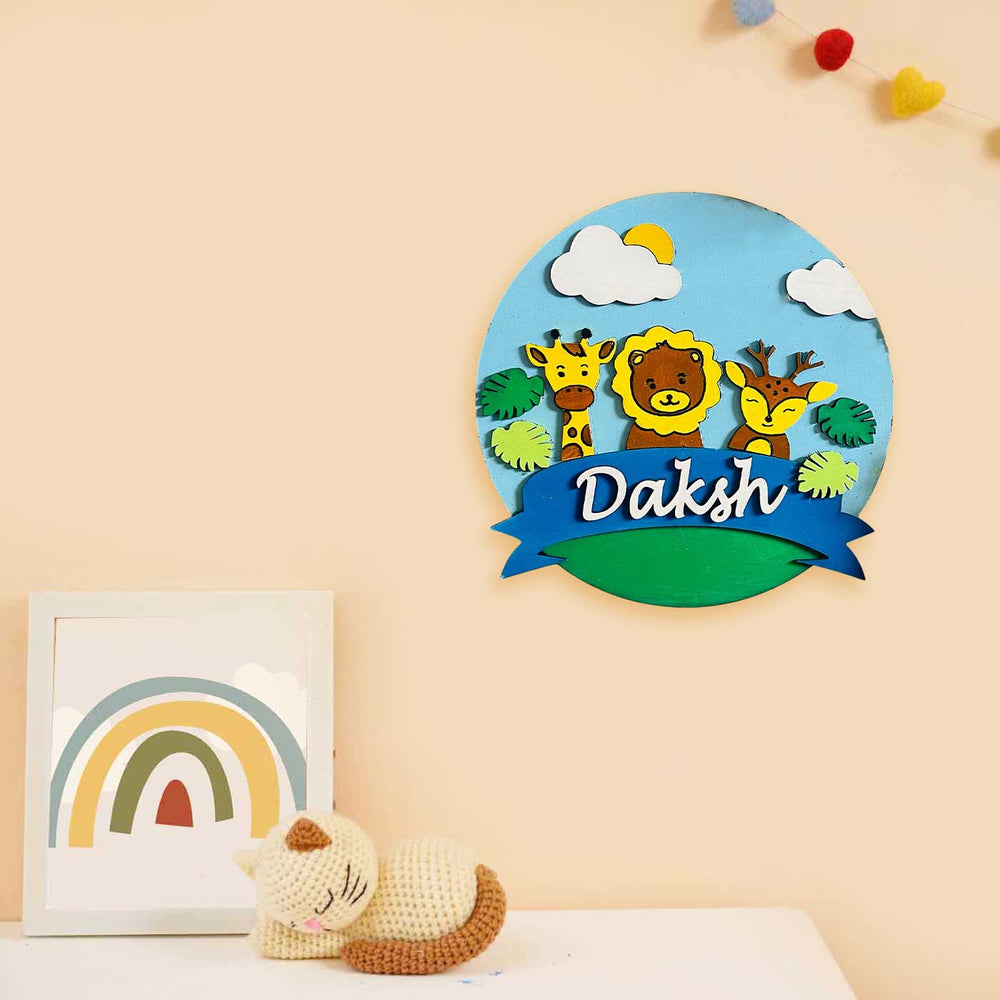 Personalized Hand Painted Jungle Themed Blue Color Mdf Wood Kids Name Plate - Name Personalization Example on Wall