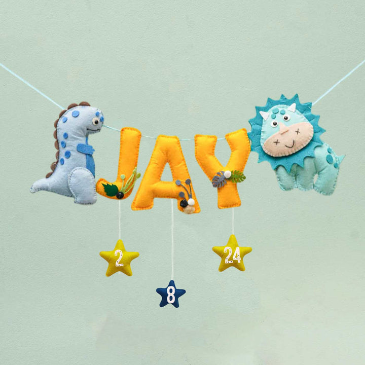 Personalized Handmade Dinosaurs Theme Felt Bunting - Personalized Name Hanging Front View