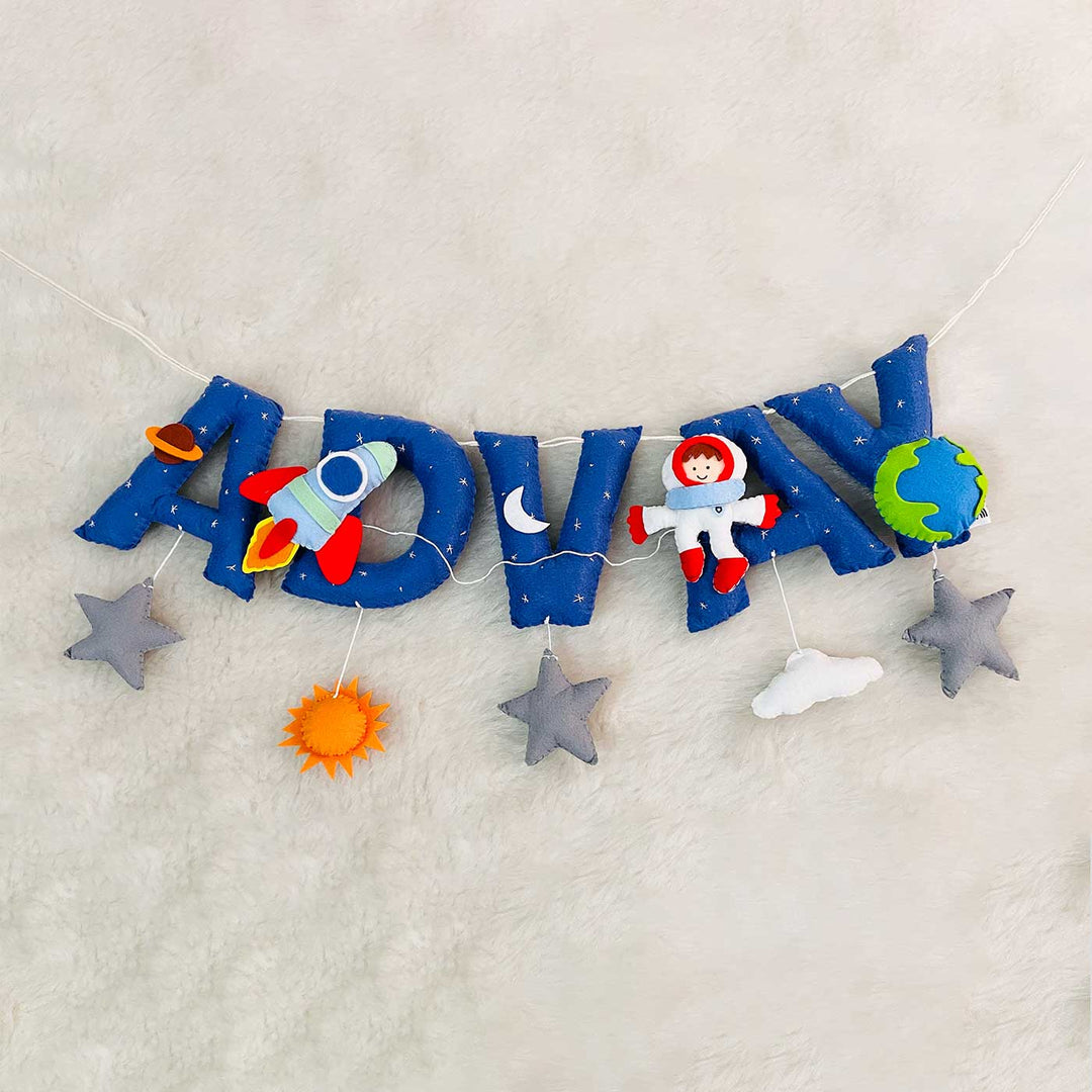Handcrafted Personalized Space Themed Bunting For Kids - Hanging Name Garland Close-Up