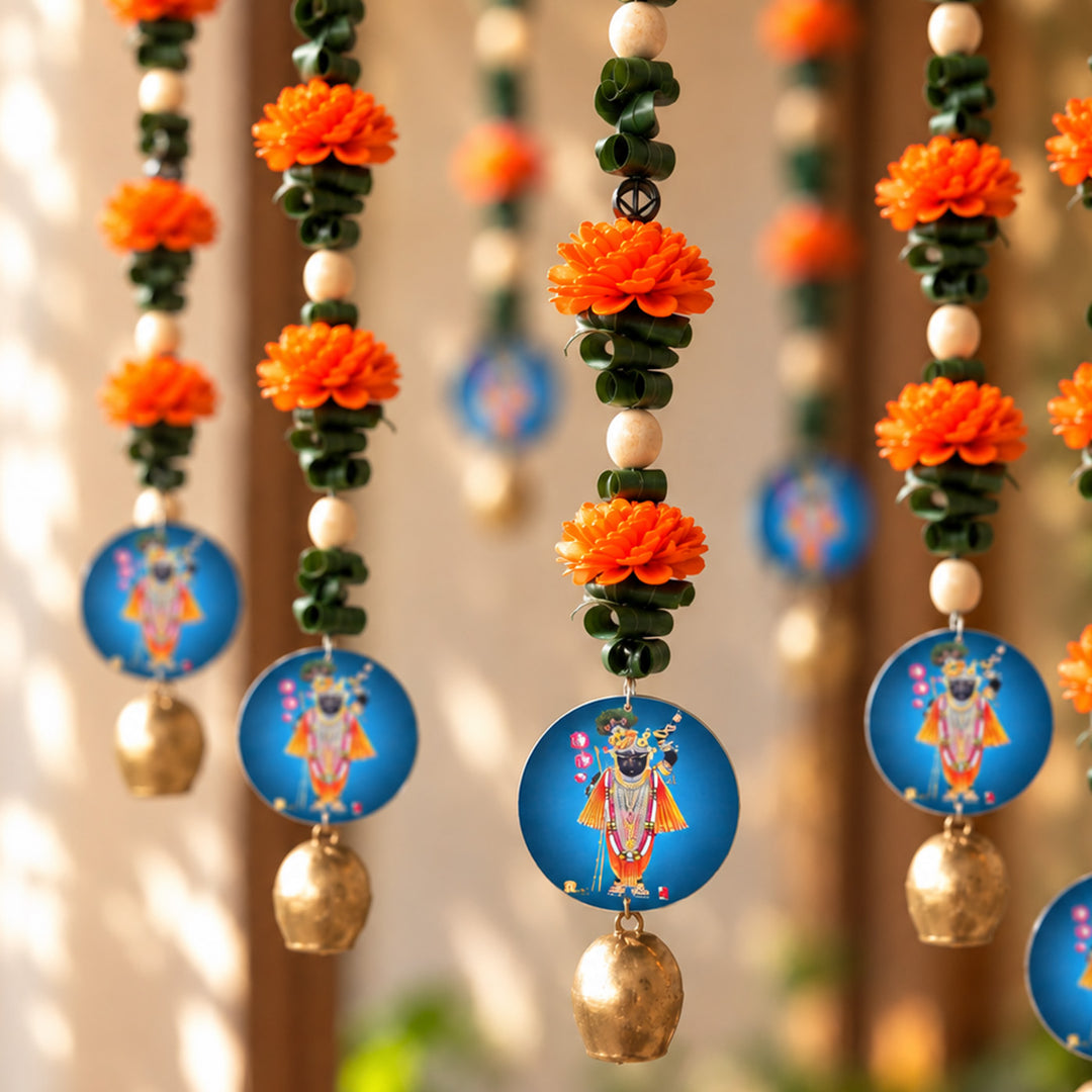 2 Pc | Handmade Divine Blue Krishna With Shola Flowers Wooden Hanging