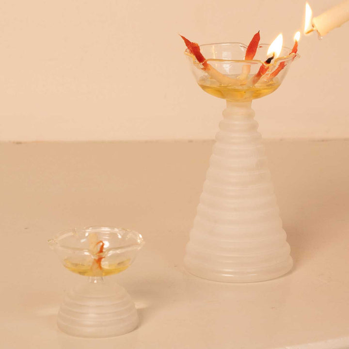 Handmade Clear Frosted Borosilicate Glass Oil Lamp / Diya | 5.9 inch